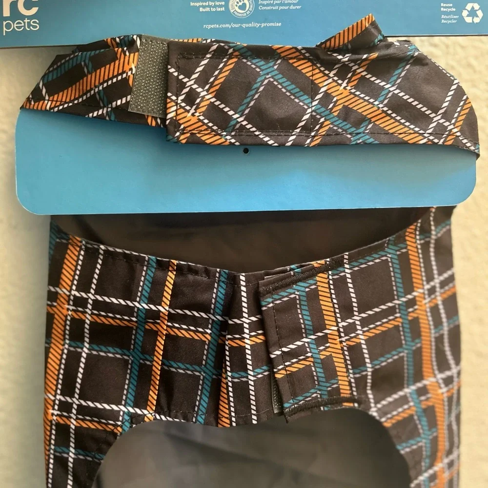 Delta Plaid Rain Slicker with Black, Orange, and Blue dog Rain coat Small NWT
